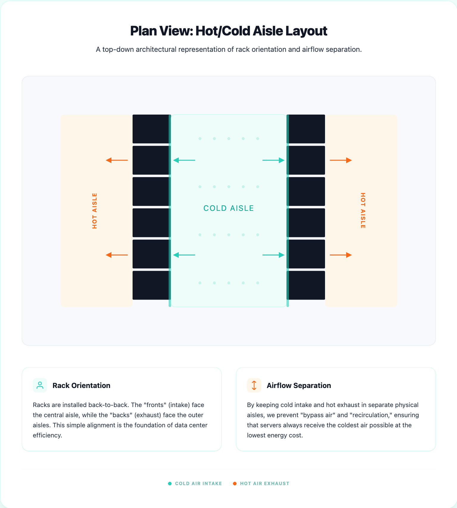 Graphic of hot and cold aisle layout containment in a data centers data hall